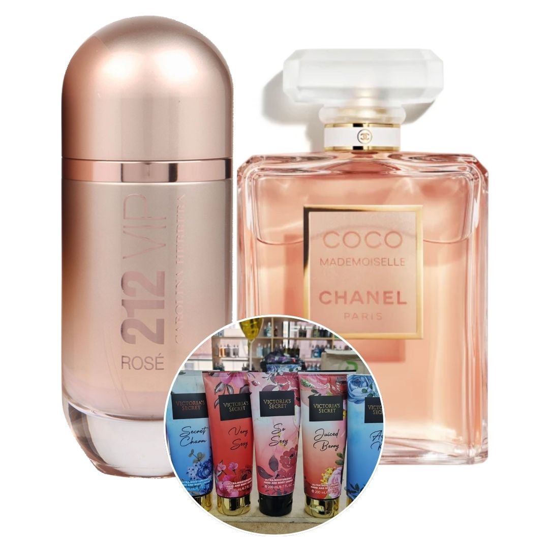 Kit 2 perfumes (Coco Mademoiselle + 212 VIP Rosé) + 1 Crema Victoria´s Secret Surtida 200ML